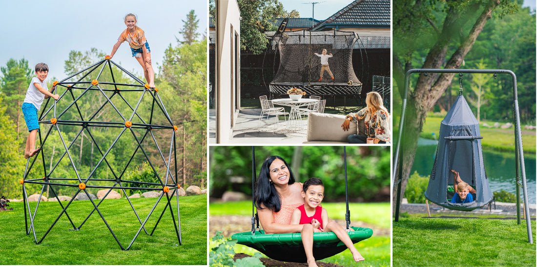 A collage of kids playing on a trampoline, climbing dome and swings.